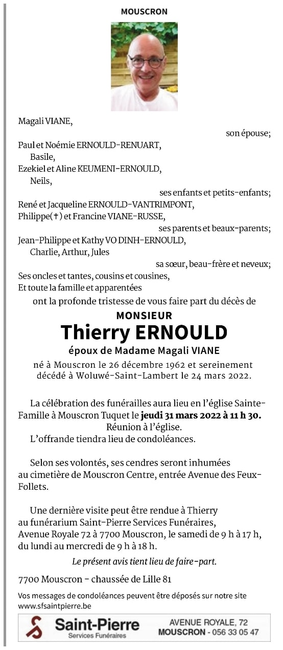 avis de décès monsieur Thierry Ernould