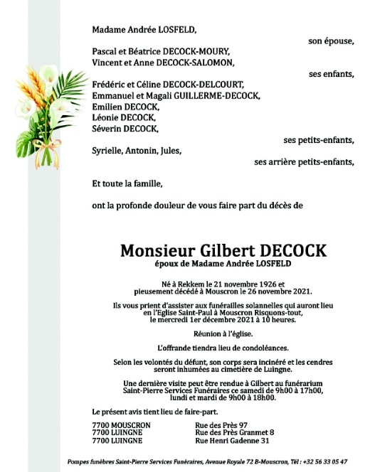 Faire part de décès - Gilbert Decock