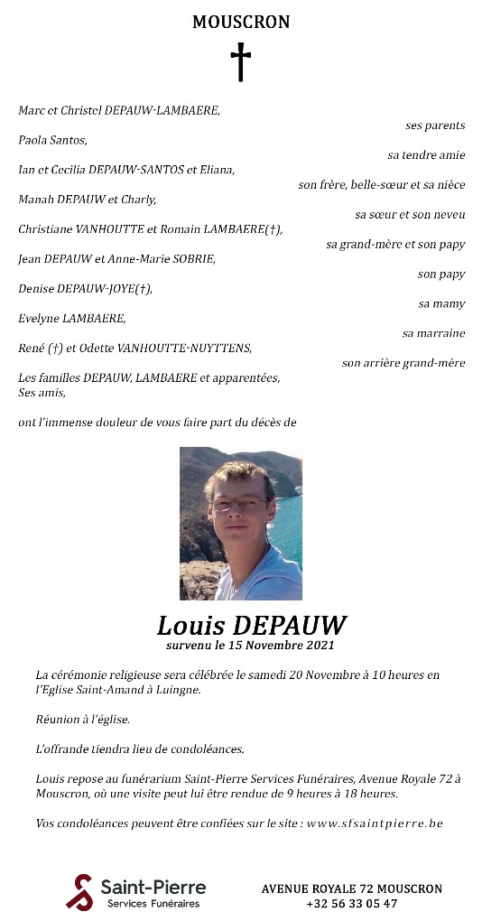 faire part - décès de Louis Depauw à Mouscron